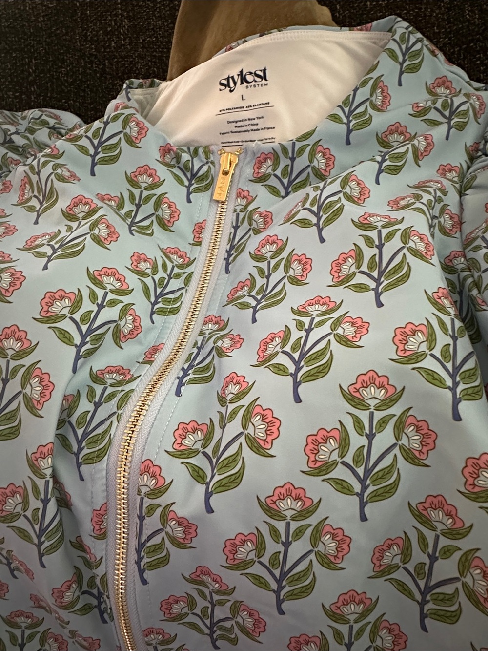 Women’s Floral Zip-Front Long Sleeve Swimsuit - Light Blue - Picture 2 of 2